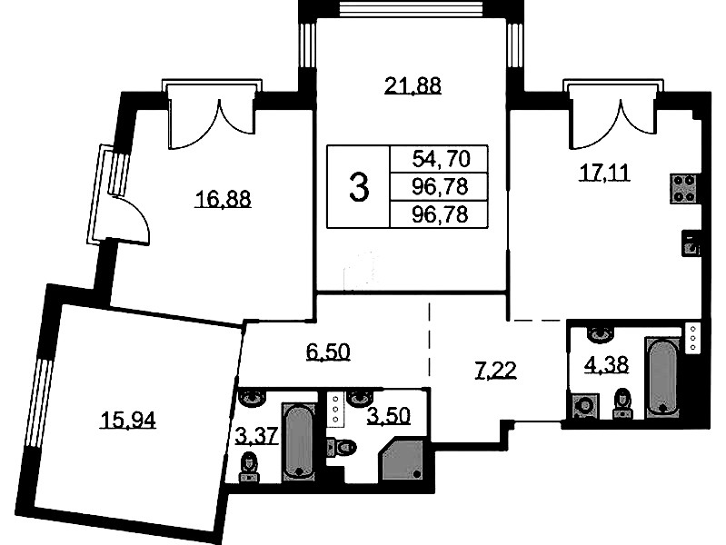 3-комнатная квартира 96.78 м², 3/9 эт., ЖК «Бакунина 33»